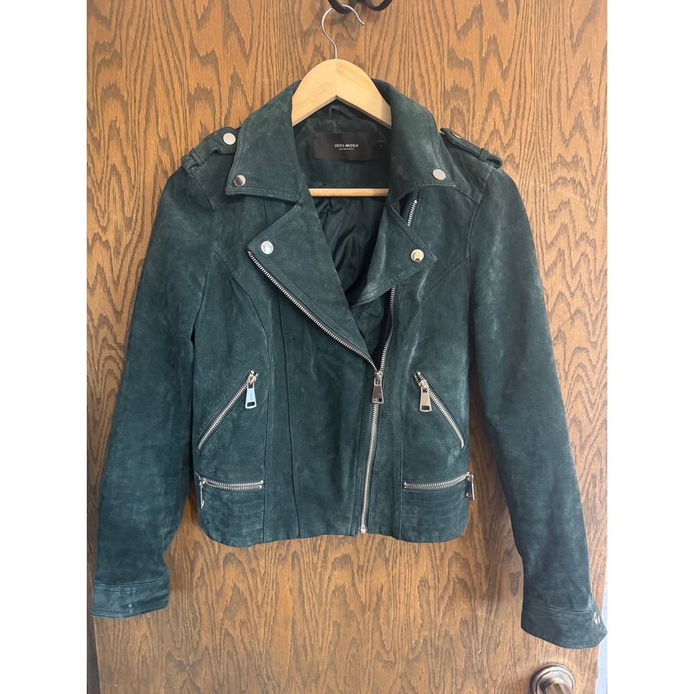 Vero Moda Womens Forest Green Suede Leather Moto Biker Jacket Size M Zip Up